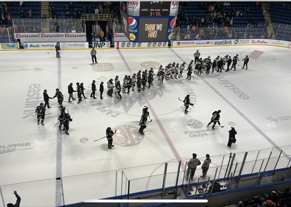 Halifax Mooseheads shake hands with the Cape Breton Eagles after sweeping their provincial rivals from the QMJHL playoffs