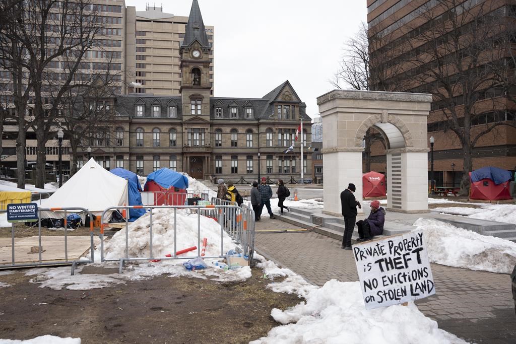 picture of tents at a homeless encampment at Grand Parade in Downtown Halifax