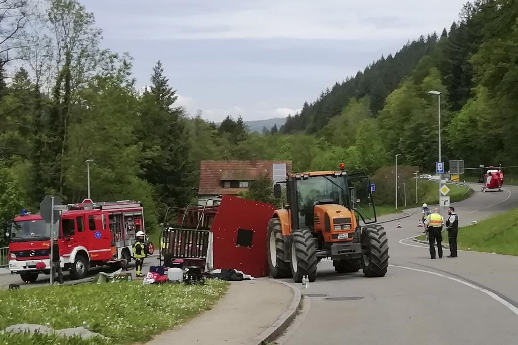 30 people are injured when a trailer overturns in southwestern Germany