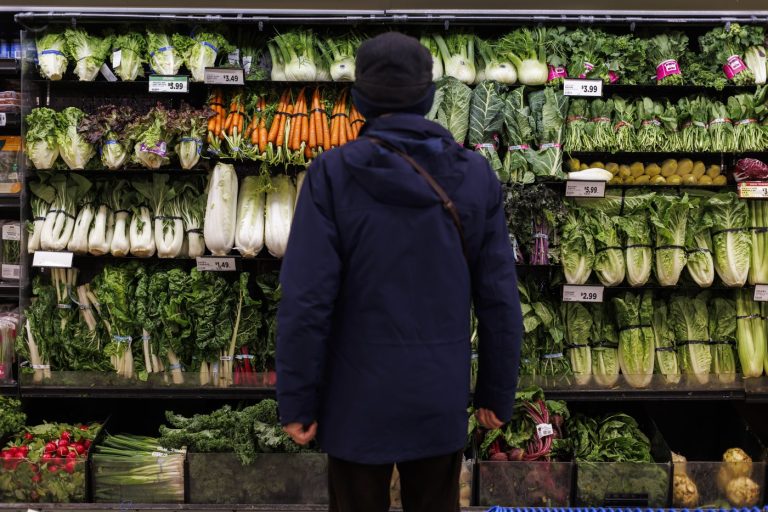 A customer shops in the produce section at a grocery store in Toronto on Friday, Feb. 2, 2024.   THE CANADIAN PRESS/Cole Burston 