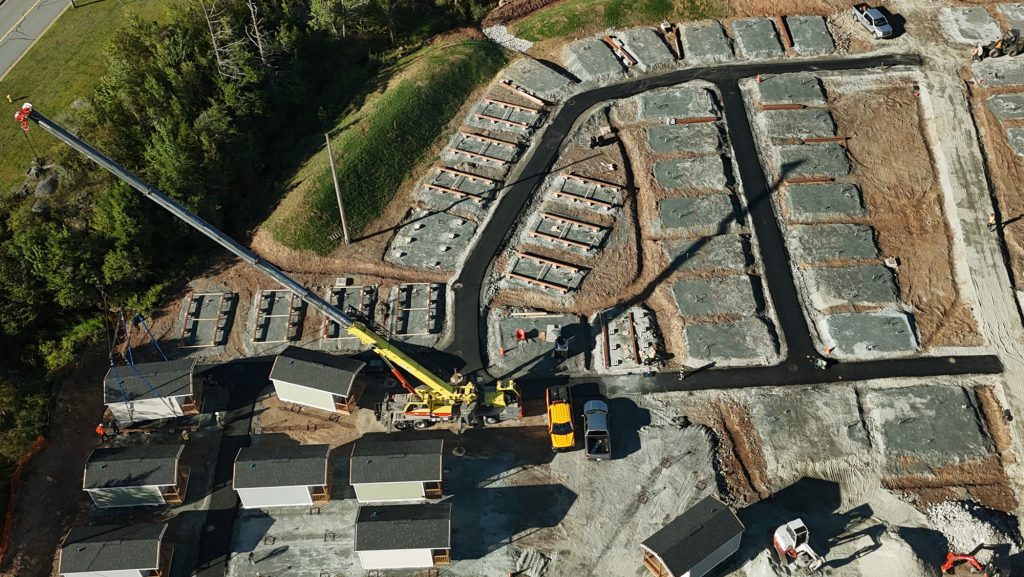 An aerial shot of Nova Scotia’s first tiny home community under construction in Lower Sackville today, August 29. (Communications Nova Scotia)