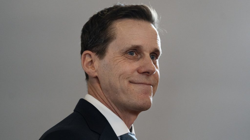 Prince Edward Island Premier Rob Lantz reacts during his ceremony at Government House, in Charlottetown, Friday, Feb. 21, 2025. THE CANADIAN PRESS/Darren Calabrese