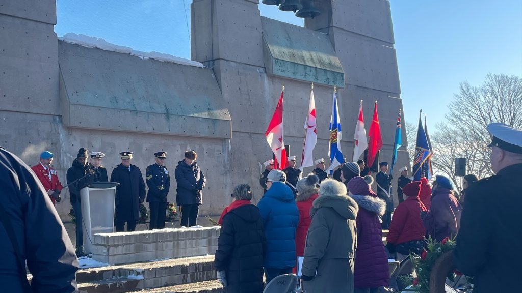 Community members take part in a ceremony marking the 106th anniversary of the Halifax Explosion on Dec. 6, 2023. (Madison Irvine)