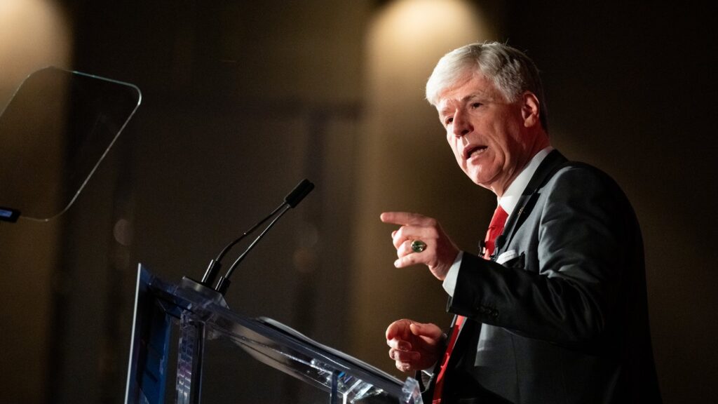 Tim Hodgson, Minister of Energy and Natural Resources of Canada, speaks at the Empire Club of Canada, in Toronto on Friday, April 24, 2026. THE CANADIAN PRESS/Arlyn McAdorey