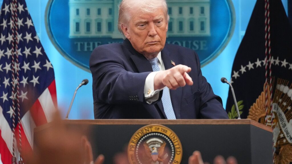 President Donald Trump speaks with reporters during a news conference in the James Brady Press Briefing Room at the White House, Monday, April 6, 2026, in Washington. (AP Photo/Mark Schiefelbein)