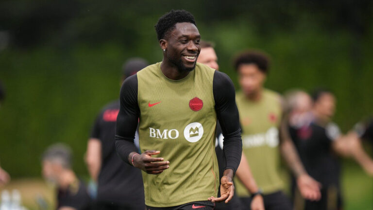 Canada's Alphonso Davies participates in a FIFA World Cup soccer training session, in Vancouver, on Monday, June 15, 2026. THE CANADIAN PRESS/Darryl Dyck