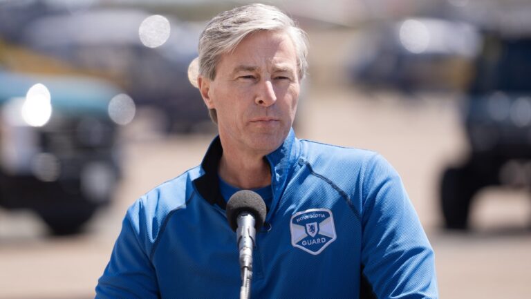 Nova Scotia Premier Tim Houston speaks during an announcement of four new contracted fixed-wing water bombers and a co-ordination plane for wildfire response in Debert, N.S. on Wednesday, May 13, 2026. THE CANADIAN PRESS/Darren Calabrese