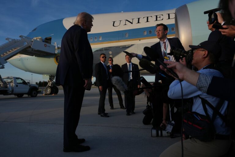 U.S. President Donald Trump talks to media after disembarking Air Force One at Paris Orly Airport on Wednesday, June 17, 2026 in Orly, France. (AP Photo/Julia Demaree Nikhinson)