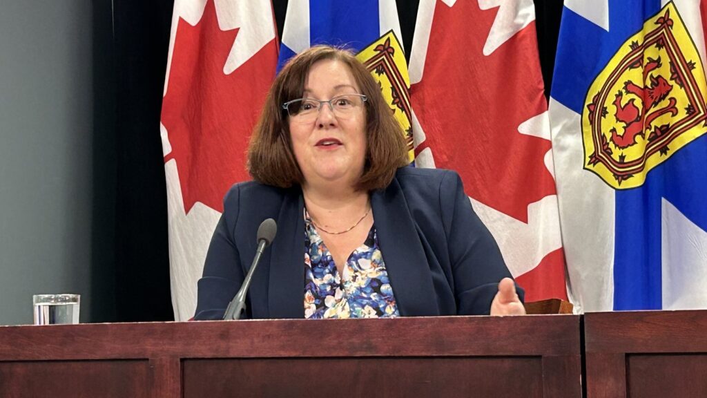 Nova Scotia Opportunities and Social Development Minister Susan Corkum-Greek speaks at a news conference in Halifax, on Wednesday, June 10, 2026. THE CANADIAN PRESS/Devin Stevens
